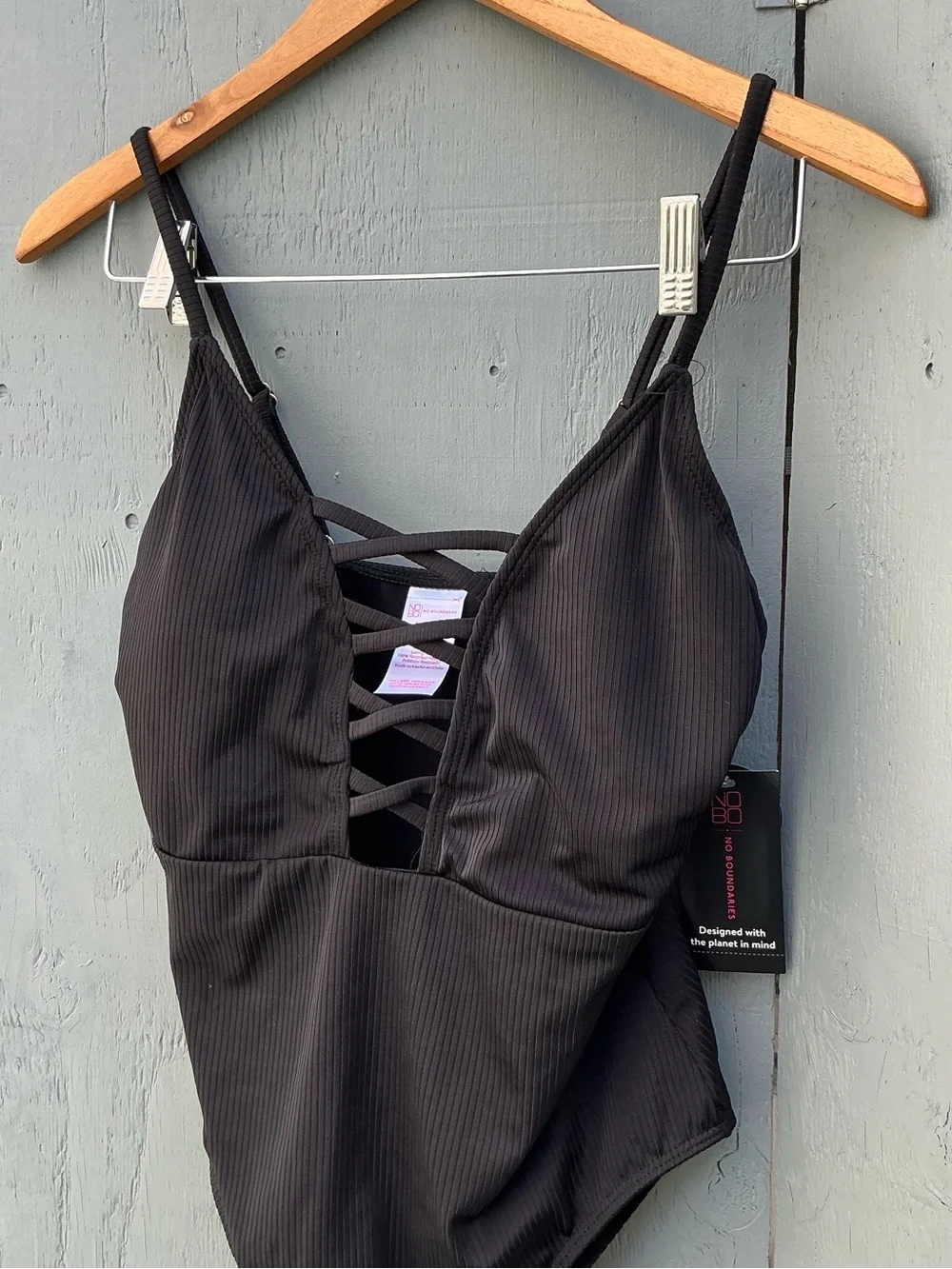 No Boundaries Black Ribbed One-Piece Swimsuit with Lace-Up Front